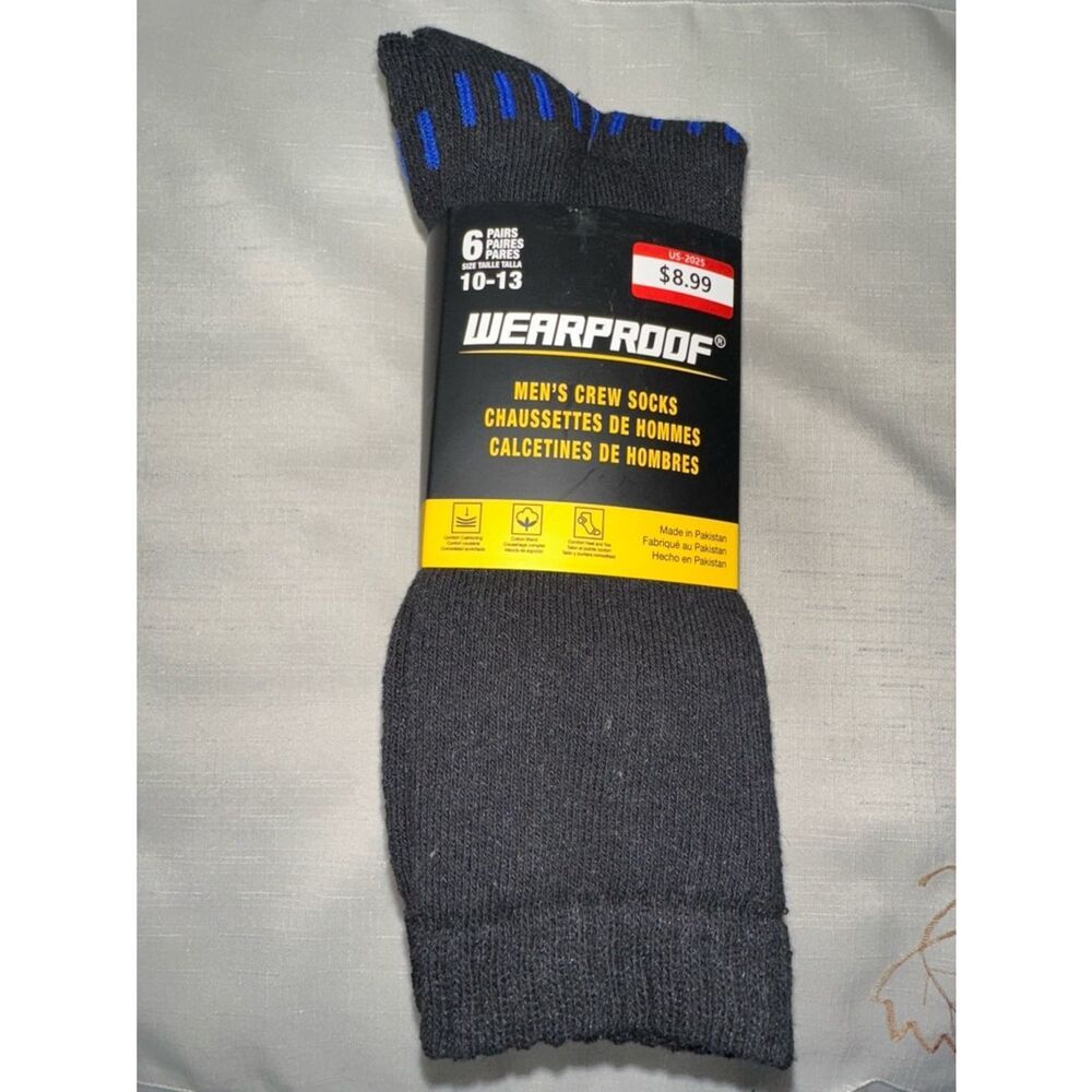 WEARPROOF Black White Gray Blue Stripe Cotton Blend Work Socks 6 pack